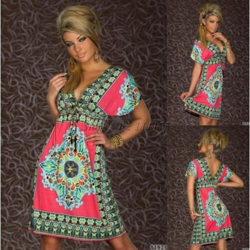 Spring Summer V-neck short-sleeved dress sexy beach retro print dress knee-length dress celebrity banquet