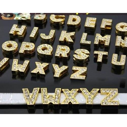 10MM DIY Alloy Gold Color Rhinestones Slide Letters 20PCS/lot " A--M Can Choose Each Letter " Fit For Charm Keychains & Bracelet