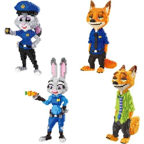 1250pcs+ Zootopia Building Blocks Cartoon Officer Rabbit Judy Hopps Nick Fox Figures Disney Micro Bricks Toys For Children