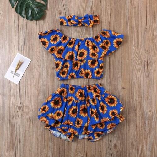 2020 1-6Y Summer 3pcs Toddler Baby Girl Clothes Flamingo/Sunfower Sunsuit Ruffle Crop Tops+Tutu Shorts Pants+Headband Set Outfit