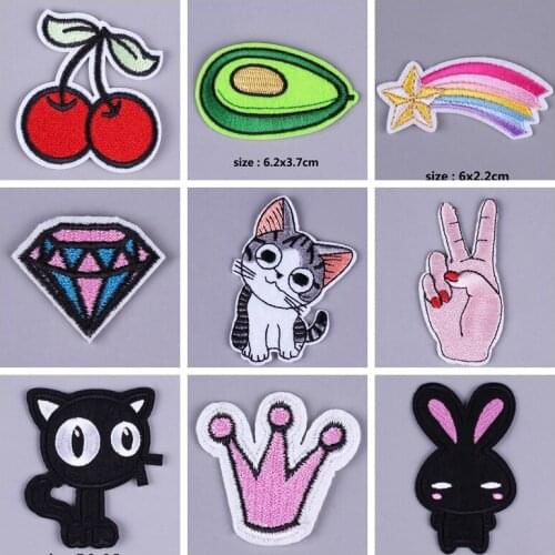 9 pcs Cartoon cat crown patches embroidery patches for clothing apliques stickers stripes on clothes Fruit diamond rainbow patch