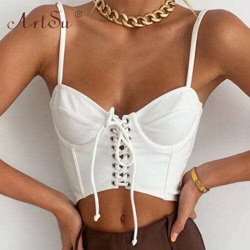 ArtSu Sexy Corset Top White Black Y2k Fashion Cami Bralette Crop Top Women Club Party Hollow Out Bandage Tops Summer