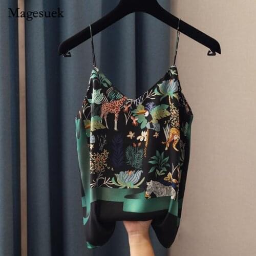 Silk Women Blouses 2021 Summer Women Sexy Spaghetti Strap Tank Top Vintage Print Camis Femme Chiffon V Neck Tops Blusa 15575