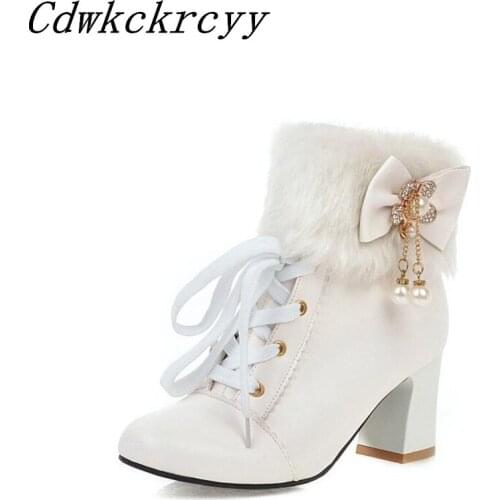 Winter New pattern fashion Round head High-heeled Martin Short boots Cashmere Keep warm white Sweet Rhinestone Bow Women Boots