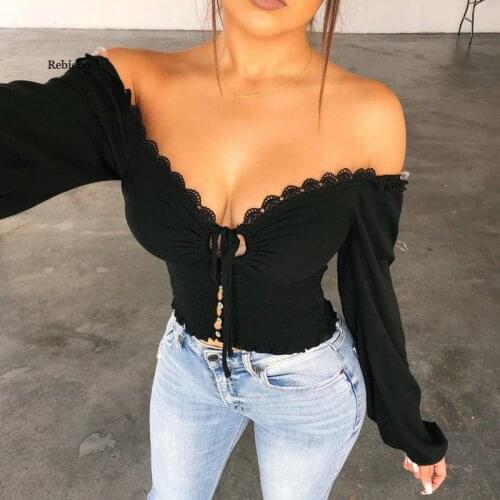 Women Lace Insert White Tie Front Frilled Long Sleeve Shirred Crop Blouses Button Off Shoulder Sexy Streetwear Tops