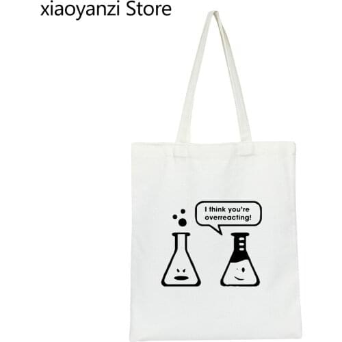Canvas Tote Bag I Think You're Overreacting Chemistry Bottle Unique Pattern Print Black Soft Breathable Shoulder Bags Wholesale