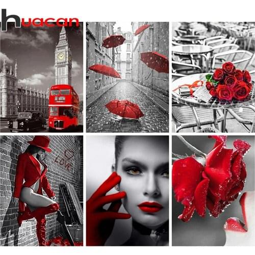 Huacan 5D Diamond Painting Full Drill Square Black And Red Diamond Embroidery Sale Woman Mosaic Decor For Home