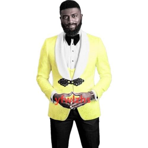 Handsome Embossing Groomsmen Shawl Lapel Groom Tuxedos Wedding Dress Men Suits Blazer Prom Dinner (Jacket+Pants+Tie+Vest) B15