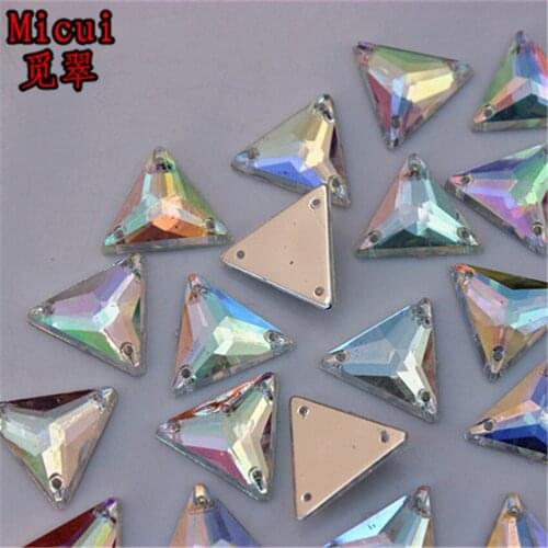 Micui 50PCS 16mm AB Clear Color Triangular Shape Acrylic Rhinestones Star Garment Bags Shoes Sewing Rhinestones 3 Holes ZZ319B