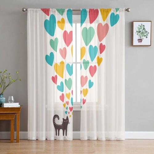 Love Kitten Cute Illustration Colorful Sheer Curtains for Girl Kids Bedroom Kitchen Window Drapes Curtain Home Decoration