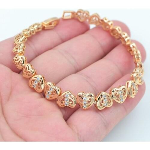 Gold Color AAA+ Cubic Zirconia Fashion Women Clear CZ Love Hearts Link Bracelet Jewelry