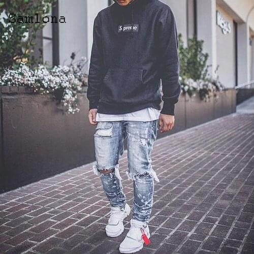 Samlona 2021 New Western Style Mens Hole Ripped Jeans Slim Casual Classic Fashion Denim Trousers Patchwork Demin Trousers Men