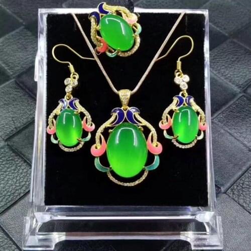 Natural classic green chalcedony suit three suit green yellow chalcedony pendant necklace female model cloisonne craft
