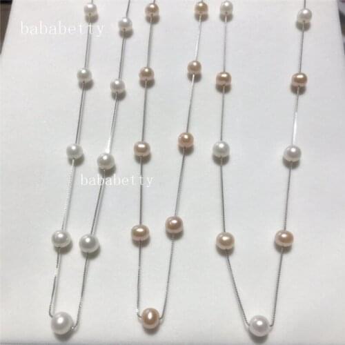 New Natural FreshwaterAAA White pink purple multicolor 6-7MM Nearly circular Pearl 925 Sterling Silver Necklace