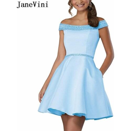 JaneVini Charming Sky Blue Homecoming Beaded Dresses A Line 2019 Off the Shoulder Sleeveless Satin Graduation Short Formal Dress