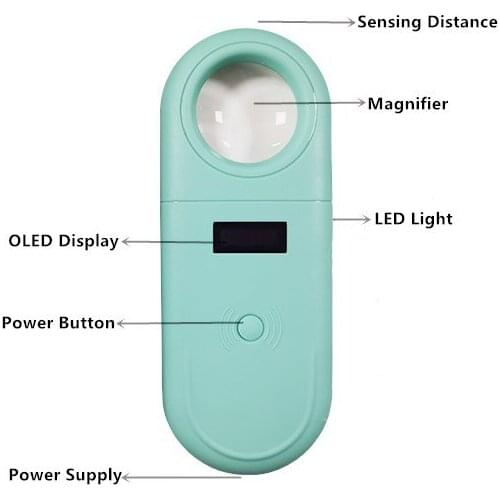 Attractive color Magnifying glass 134.2Khz FDX-B pet microchip reader with light night using for dog cat drop shipping
