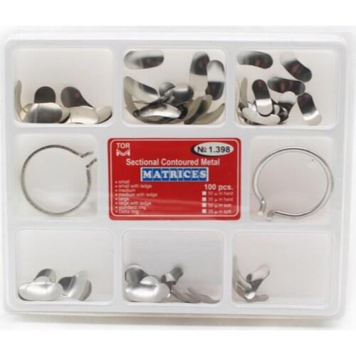 Dental Matrix NO.1.398 dental Sectional Contoured Metal Matrices Full Kit with 2 pcs Ring for Teeth Replacement Dentist tools