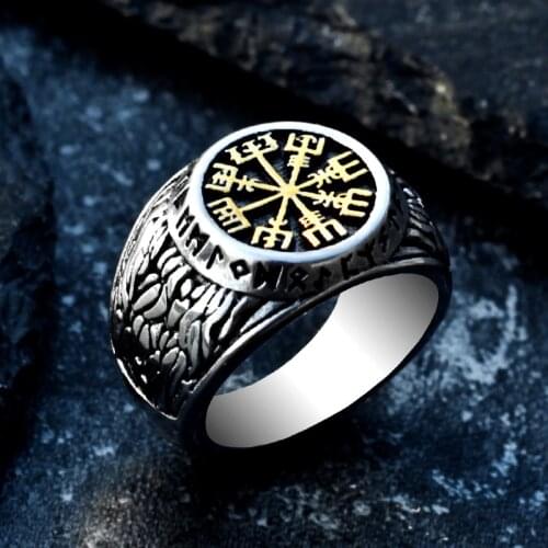 Unique Viking Compass Signet Ring Men Women Retro Viking Runes Stainless Steel Rings Nordic Viking Totem Odin Jewelry Size 7-15