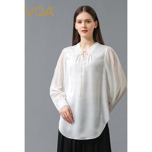 VOA Silk Jacquard Perspective T-Shirt Long Sleeve Tops Georgette Splicing Fold Strap Ivory White Literary Woman Tshirts BE685