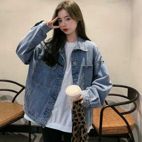 Female Spring Autumn Loose Denim Coat New Korean Casual Denim jacket Women All-Match Long Sleeve Coats Single Breasted Tops 1034