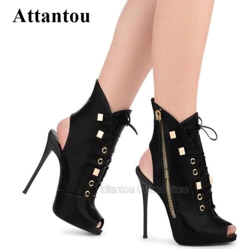 Fashion Mat Leather Gladiator Summer Sandals Boots Women Peep Toe Lace Up Rivet Ankle Boots For Women Thin Heels Sandale Femme