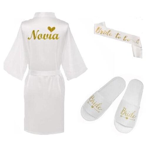 NEW 3pc set of glitter Novia Espanol spanish bride robe slippers bridal veil women Bridal Party 2019 short kimono satin robe