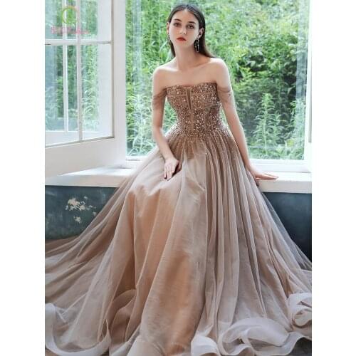 SSYFashion Luxury Sequins Champagne Evening Dress Banquet Elegant Boat Neck Beading A-line Prom Formal Gown Vestidos De Noche