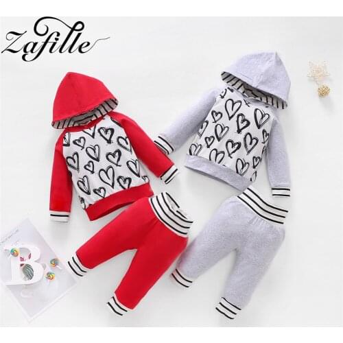 ZAFILLE Winter Baby Clothes Set Heart Printed Hooded Sweatshirt+Solid Pants 2pcs Suit For Boys Girls Newborns Baby Outfits