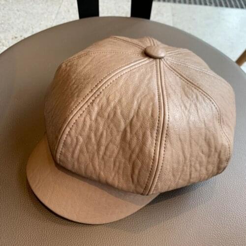 2020 Leather Vintage Fashion Berets Painter Hat Autumn Winter Caps Male Female Casual Solid Color PU Leather Octagonal Cap
