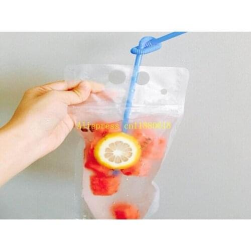 500pcs/lot Fast shipping 450ml Plastic Drink Packaging Bag Pouch For Beverage Juice Milk Coffee With Handle & Holes For Straw