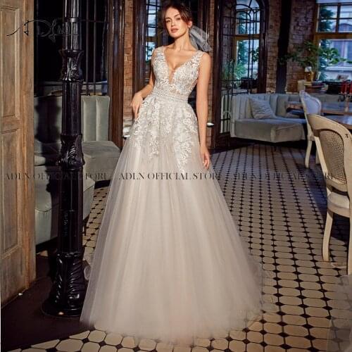 ADLN Deep V-neck Lace Wedding Gowns A-line Backless Bride Dress Robe de Mariee Sweep Train Bridal Dresses