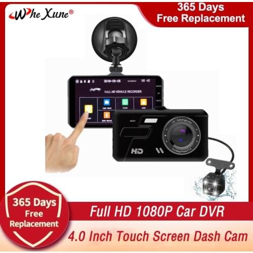 WHEXUNE Full HD 1080P Car DVR 4" IPS Touch Screen Dash Cam Dual Lens Dashcam Wide Angle Video Recorder Rear Camera Night Vision