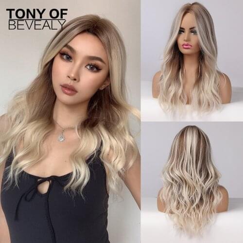 Long Wavy Brown Blonde Ombre Hair Wigs Middle Part Heat Resistant Natural Synthetic Wigs for Afro Women Cosplay Fashion Wigs