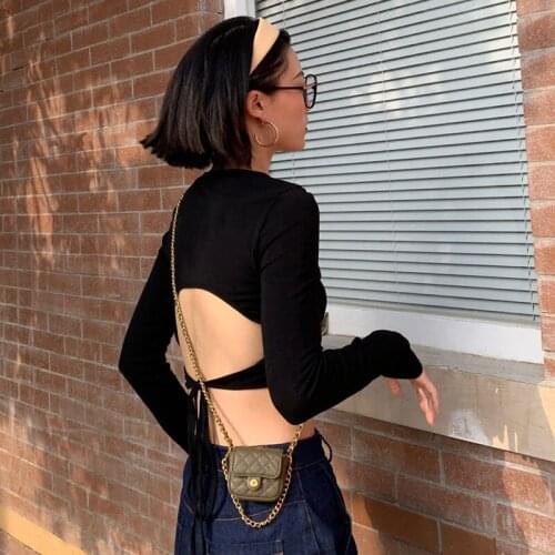 Backless Long Sleeve T-shirt Bottoming T Tee Shirt Femme Women Tops Tshirt New Sexy Tight European And American Slim Black Top