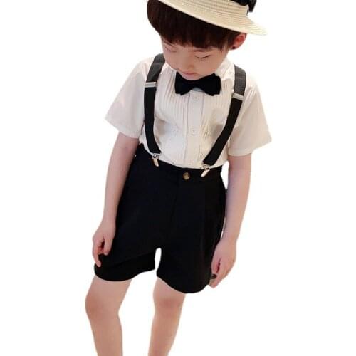 Boys Summer T Shirt +Shorts+Suspender+Tie 4PCS Clothing Set Kindergarten Kids Dress Children Photograph Suit Chorus Costume