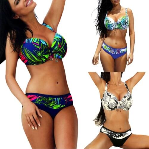 Meihuida Women Two-piece Swimming Clothes Set, Leaves Printed Pattern Bikini Top + Bikini Shorts, Navy Blue/ Royal Blue/ Black