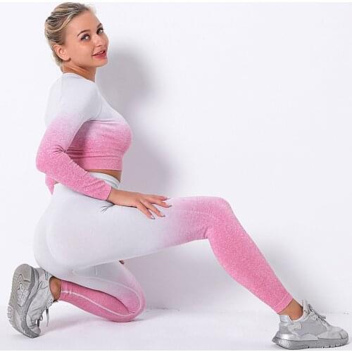 Dip Dye Seamless Yoga Sets Sport Outfits Women Two 2 Piece Long Sleeve Crop top Leggings Workout Gym Suit Fitness Wear Yoga Sets
