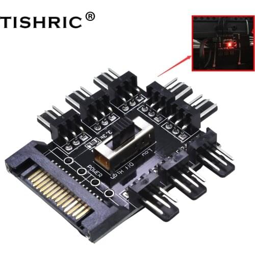 TISHRIC Sata Molex PWM Fan Hub 1 To 8 Sata To 3Pin Fan Splitter 12V Power Socket Molex Hub For Fans PC Speed Controller Adapter
