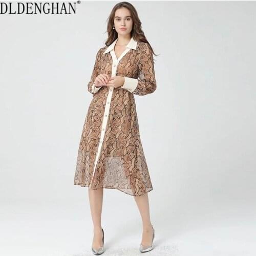 DLDENGHAN Fashion Serpentine Print Summer Dress Womens Lantern Sleeve Single-Breasted Vacation Chiffon Dresses Designer New