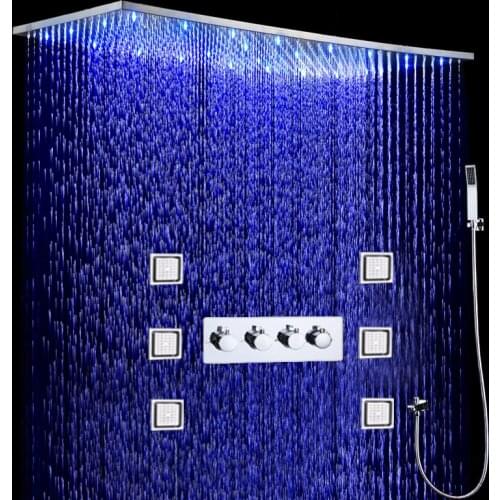 Bathroom LED Shower Set 500x1000MM Ceiling Large Rain Shower Head Panel Thermostatic Shower Faucets With Massage Body Jets Set