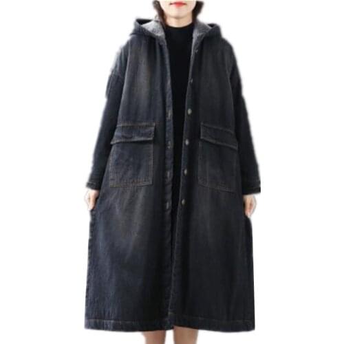 2019 Winter New Loose Plus size lambswool Thick Hooded Denim Jacket Parka Women Cotton-padded Coat Long Warm Cowboy Cotton Coats
