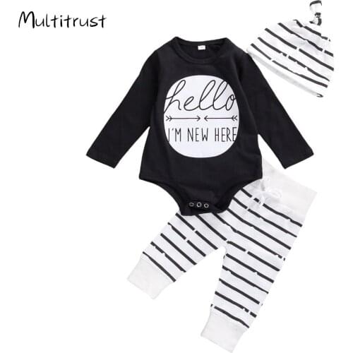 2020 Autumn Baby Boy Clothes Letter Printed Long Sleeve Jumpsuit Fashion Stripe Long Pants with Hat 3pcs