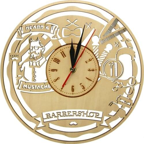 Barber Shop Wooden Wall Clock Mustache Men Hairstyle Salon Wall Art Decor Silent Sweep Clock Hairdresser Gift