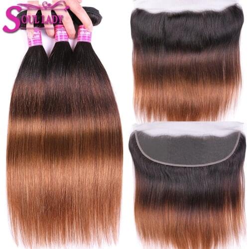Soul Lady Hair Blonde Ombre Human Hair Bundles With Frontal 1b 4 30 Three Tone Color Peruvian Straight Hair Bundles With Frontal