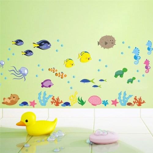 Sealifes Fishes Wall Sticker For Bathroom Home Decoration Cartoon Mural Art Diy Under Water Scenery Posters Kids Decals Posters