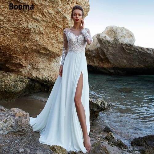 Booma Beach Chiffon Wedding Dresses 2020 Elegant Lace Appliques Boho Bridal Gowns with Split Long Sleeve Illusion Marriage