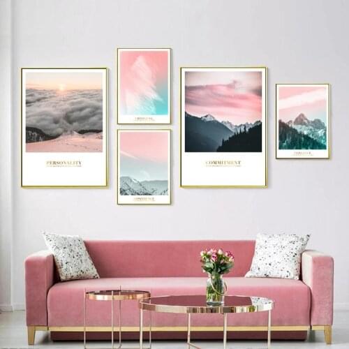Nordic Pink Landscape Painting Snow Mountain Wonderful Quotes Wall Art Canvas Posters And Prints Wall Pictures Living Room Decor