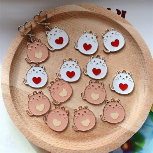 Fat Cute Cat Animal Enamel Charms Metal Pendant for Keychains Earring DIY Jewelry Making 23mm 10pcs/pack Christmas Jewelry