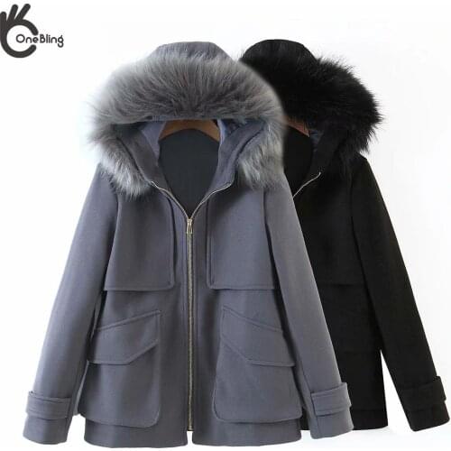 OneBling Za Fall Winter Women Jacket Faux Fur Collar Hooded Coat Thick Warm Fashion High Street Woman Outfits Tops Outwear 2021