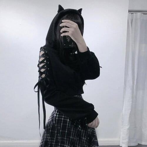 New Autumn Winter Women Punk Gothic Black Velvet Hoodies Hollow Out Long Sleeve Hooded Sweatshirt Casual Pullover Dark Academia